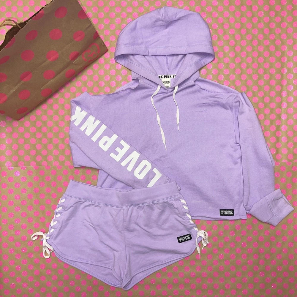 Victoria Secret PINK Cold Shoulder Pullover Hoodie & Lace-up Short Set